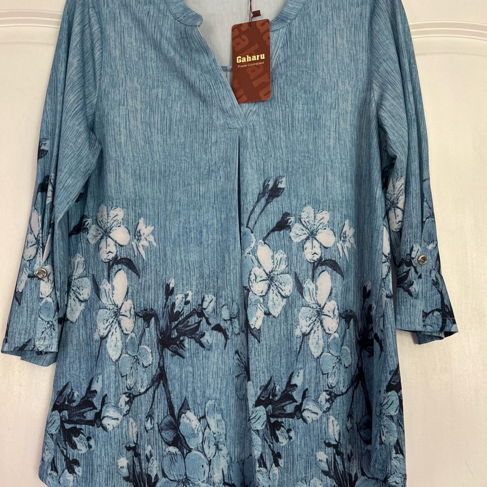 Gaharu Womens M Blouse Blue Floral Striped Shirt Casual Boho Hippie Peasant Top